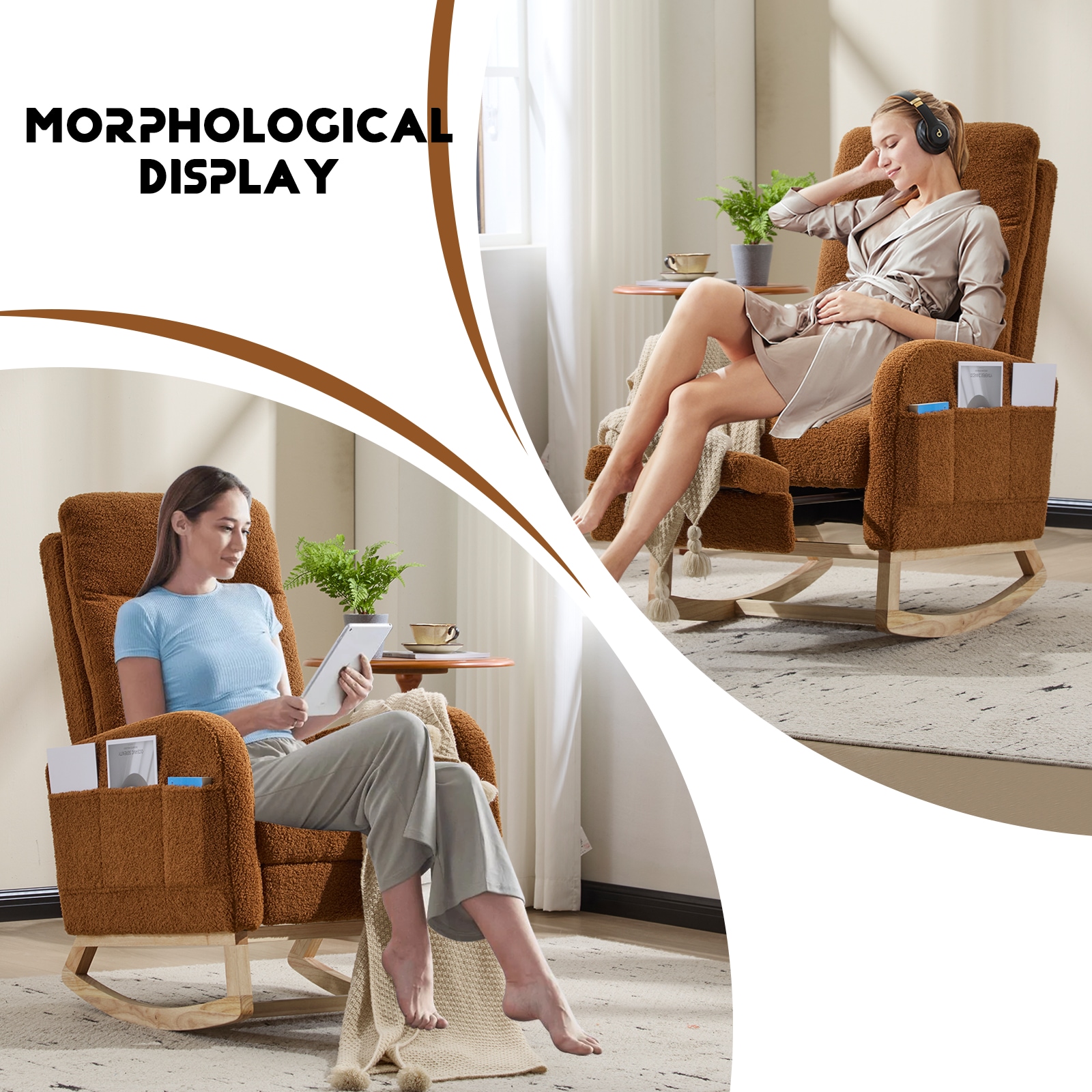 Modern Accent Rocking Chair Rocking Chair With Solid Wood Legs, Upholstered Nursery Glider Rocker, Comfy Armchair With Side Pocket, Living Room Lounge Arm Chair With High Backrest (Brown,teddy)_voghion.com